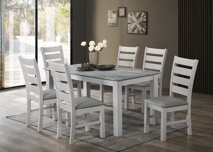 5' Set, 5' Marble Effect Smart Top Table With Grey Legs & 6 Grey Pu Seat Chairs