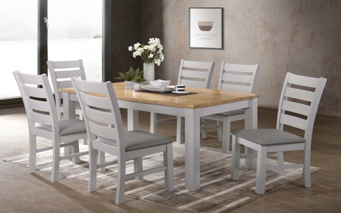 5' Set, Grey And Oak With 6 Grey Columbia Chairs With Grey Pu Seats