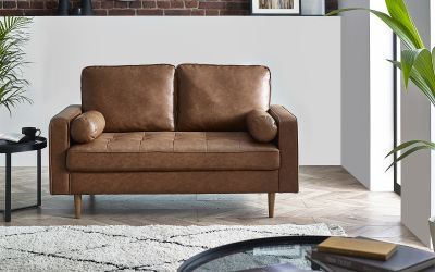 HEN301 2 Seater Sofa With Bolsters - Brown Tan Faux Leather