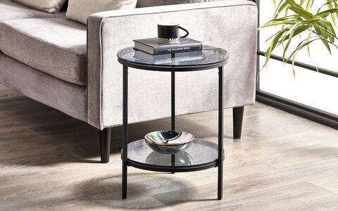 CHI023 Circular Lamp Table With Shelf - Smoked Glass