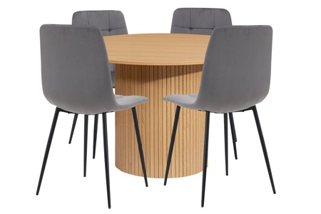 AXERDITOAKCGRY4 Round Fluted Dining Table Oak With 4 Fabric Chairs