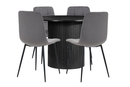 AXERDITBLKCGRY4 Round Fluted Dining Table Black With 4 Fabric Chairs