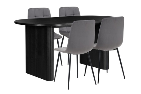 AXEDINBLKCGRY4 Oval Fluted Dining Table Black with 4 Fabric Chairs
