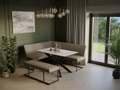 APO10/APO12 Sand Dining Table + Corner Bench Set Taupe LHF