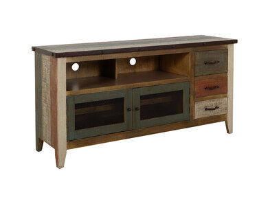 IFD967STAND 3 Drawer, 2 Iron Mesh Doors 62" TV Stand "Antique"