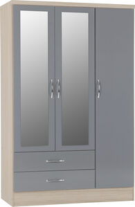 100-101-077 3 Door 2 Drawer Mirrored Wardrobe - Grey Gloss/Light Oak Effect Veneer