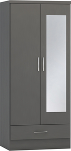 100-101-137 Mirrored 2 Door 1 Drawer Wardrobe - 3D Effect Grey