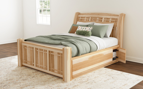 AHINT5071 Qn Pnl Bed W/Storage - Natural Finish