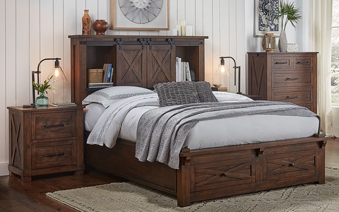SUVRT5231 Cal King Bookcase Headboard W/ Footboard Storage - Rustic Timber