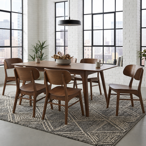 Uptown 7 piece dining set with 75 inch butterfly leaf table and 6 barrel back chairs in medium walnut finish