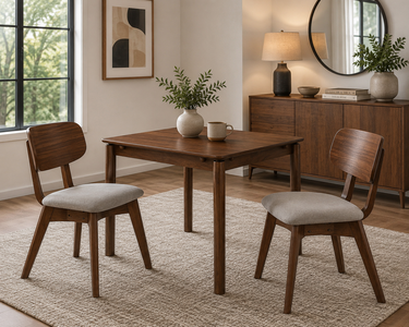 Upland 3 piece dining set with 36 inch table and 2 cushion seat chairs in medium walnut finish