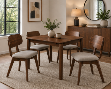 Upland 5 piece dining set with 36 inch table and 4 cushion seat chairs in medium walnut finish