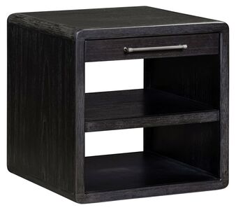 Modern chairside table with pull-out drink tray, built-in cup holders, and Obsidian Mist finish for living room seating areas.