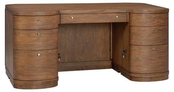 66 inch executive desk with locking file drawers, power outlets, keyboard drawer, brushed brass hardware, and Spiced Caramel finish.