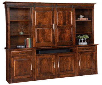 FVE-85110-EN 6Pc Wall Unit W/6 Doors (2 Barn Doors On Top), 2 Drawers, Open Bookcases On Top (No Lights) And Open Back In TV Area; 50½" Wide TV Area